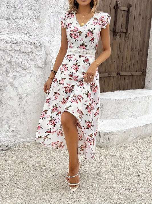 JANES Blumen V-Ausschnitt Kurzarm Suprem Kleid