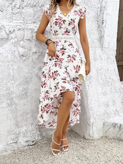 JANES Blumen V-Ausschnitt Kurzarm Suprem Kleid