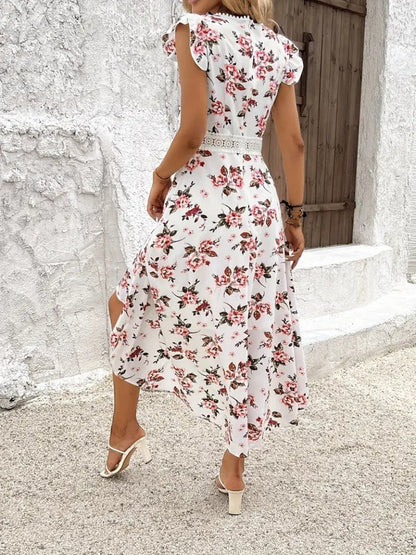 JANES Blumen V-Ausschnitt Kurzarm Suprem Kleid