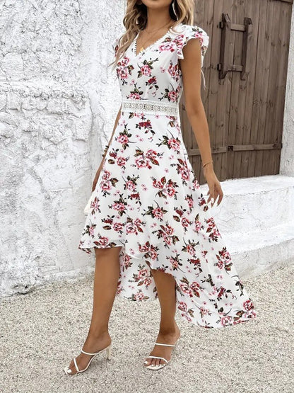 JANES Blumen V-Ausschnitt Kurzarm Suprem Kleid