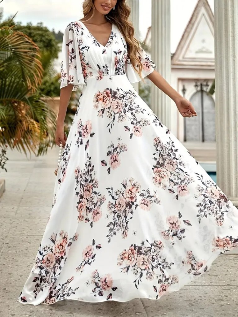 JANE'S Damen Blumen V-Ausschnitt Kurzarm Supreme Kleid