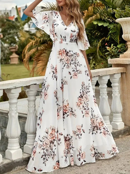 JANE'S Damen Blumen V-Ausschnitt Kurzarm Supreme Kleid