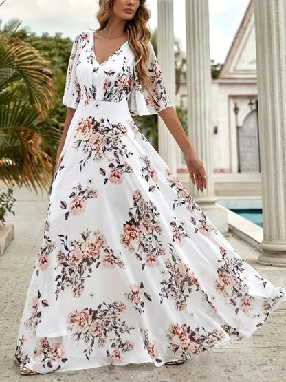 JANE'S Damen Blumen V-Ausschnitt Kurzarm Supreme Kleid
