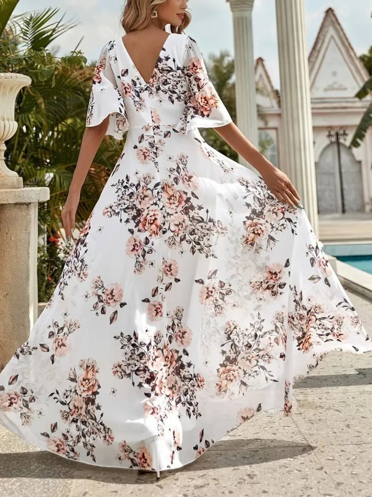 JANE'S Damen Blumen V-Ausschnitt Kurzarm Supreme Kleid