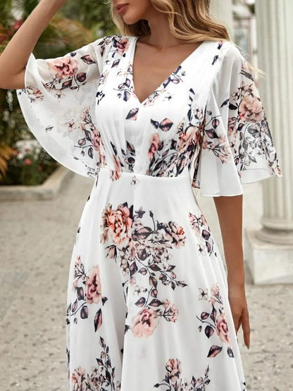 JANE'S Damen Blumen V-Ausschnitt Kurzarm Supreme Kleid