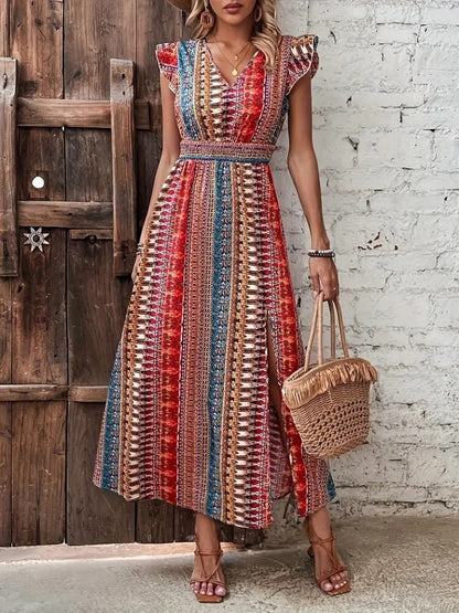JANE'S Damen Kurzarm V-Ausschnitt Muster Seitenschlitz Jersey Kleid