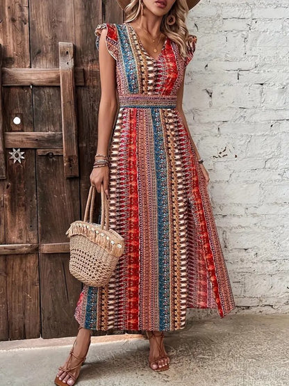 JANE'S Damen Kurzarm V-Ausschnitt Muster Seitenschlitz Jersey Kleid