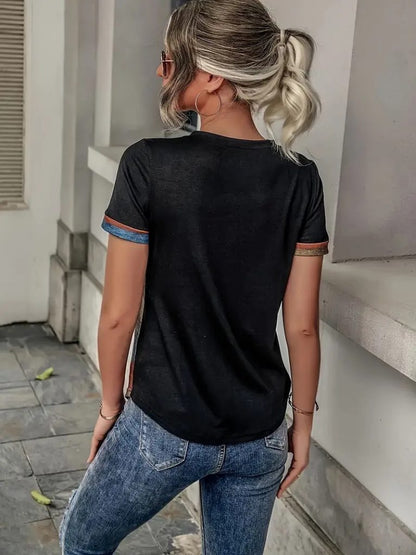 JANE'S Damen Kurzarm V-Ausschnitt Knopfleiste Mehrfarbige Jersey-Bluse