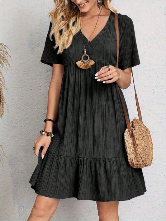 JANE'S Damen Kurzarm V-Ausschnitt Rüschen Crepe Kleid