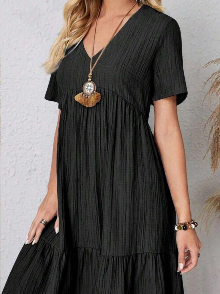JANE'S Damen Kurzarm V-Ausschnitt Rüschen Crepe Kleid