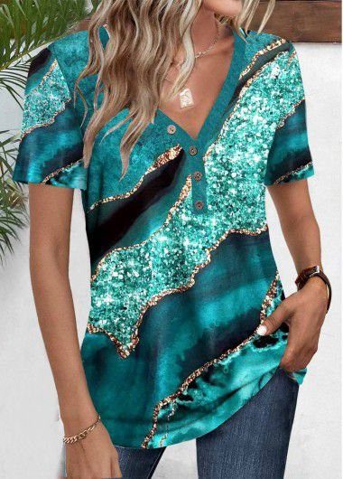 JANE'S Damen Kurzarm V-Ausschnitt Knopfleiste Bedruckte Jersey-Bluse