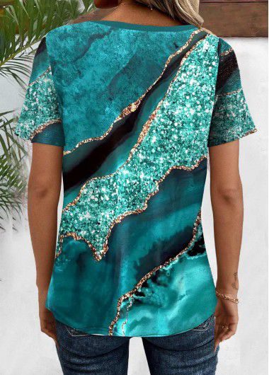 JANE'S Damen Kurzarm V-Ausschnitt Knopfleiste Bedruckte Jersey-Bluse