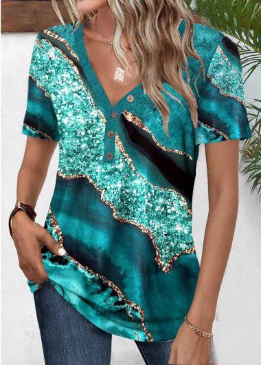 JANE'S Damen Kurzarm V-Ausschnitt Knopfleiste Bedruckte Jersey-Bluse