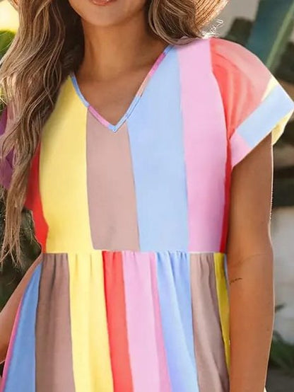 JANE'S Damen Kurzarm V-Ausschnitt Streifenmuster Jersey Kleid