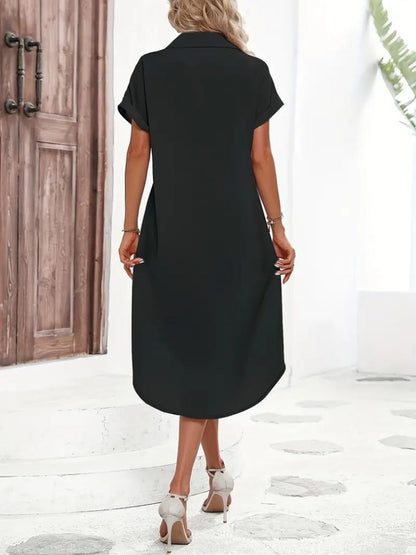 JANE'S Damen Kurzarm Kragen Knopf Detail Midi Gewebtes Kleid