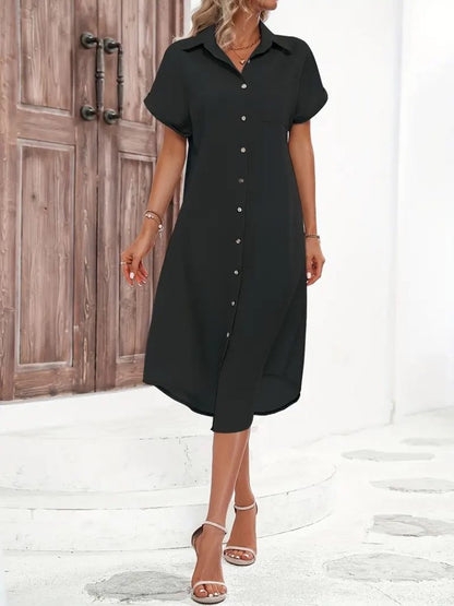 JANE'S Damen Kurzarm Kragen Knopf Detail Midi Gewebtes Kleid