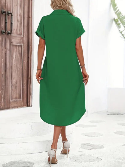 JANE'S Damen Kurzarm Kragen Knopf Detail Midi Gewebtes Kleid