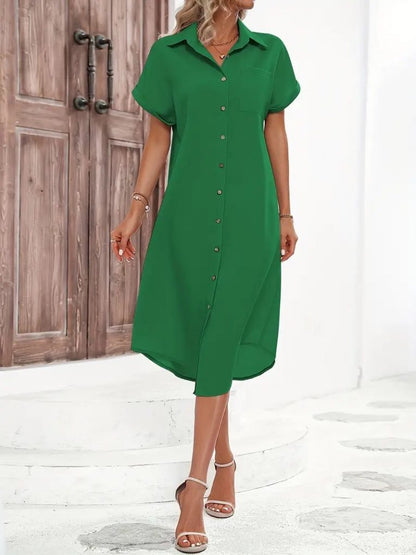 JANE'S Damen Kurzarm Kragen Knopf Detail Midi Gewebtes Kleid