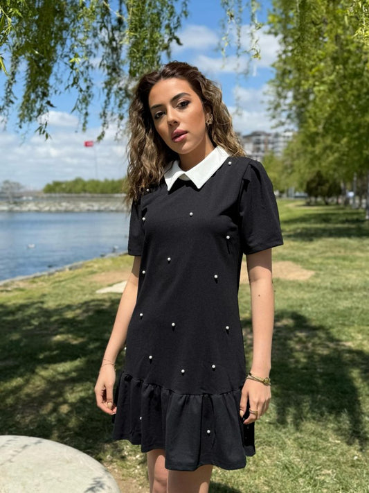 Damen Kurzarm Perlenbesetztes Kurzes Importiertes Kreppkleid