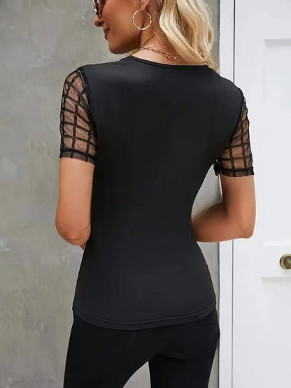 JANE'S Damen Kurzarm Offener Kragen Drop-Net Tüll Detail Viskose Bluse