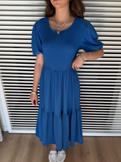 JANE'S Damen Kurzarm Offener Kragen Lagen Krepp Ballon Kleid