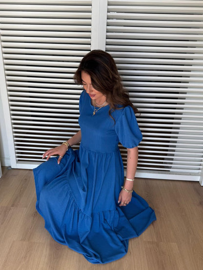 JANE'S Damen Kurzarm Offener Kragen Lagen Krepp Ballon Kleid