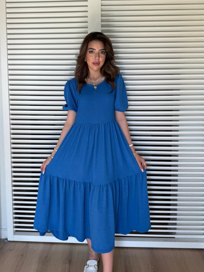 JANE'S Damen Kurzarm Offener Kragen Lagen Krepp Ballon Kleid