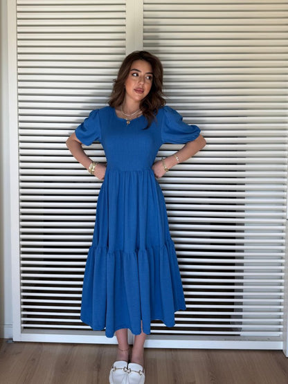 JANE'S Damen Kurzarm Offener Kragen Lagen Krepp Ballon Kleid