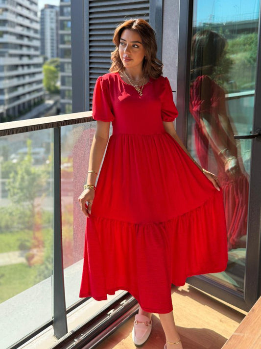 JANE'S Damen Kurzarm Offener Kragen Lagen Krepp Ballon Kleid
