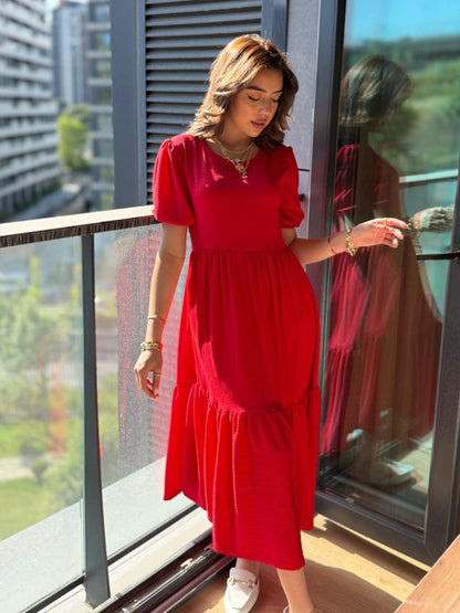 JANE'S Damen Kurzarm Offener Kragen Lagen Krepp Ballon Kleid