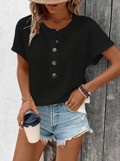 JANE'S Damen Kurzarm Waffelbluse mit offenem Kragen und Knopfleiste