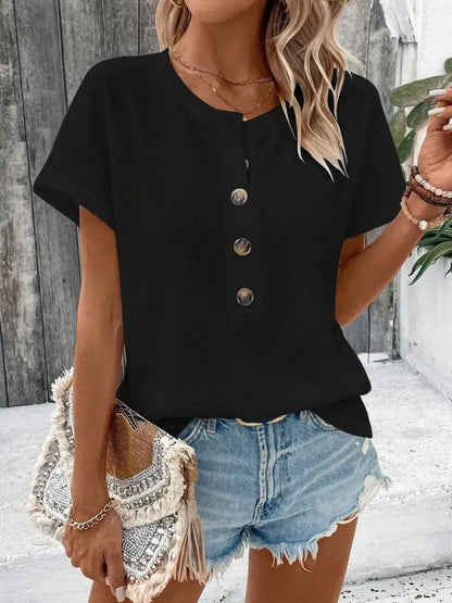 JANE'S Damen Kurzarm Waffelbluse mit offenem Kragen und Knopfleiste