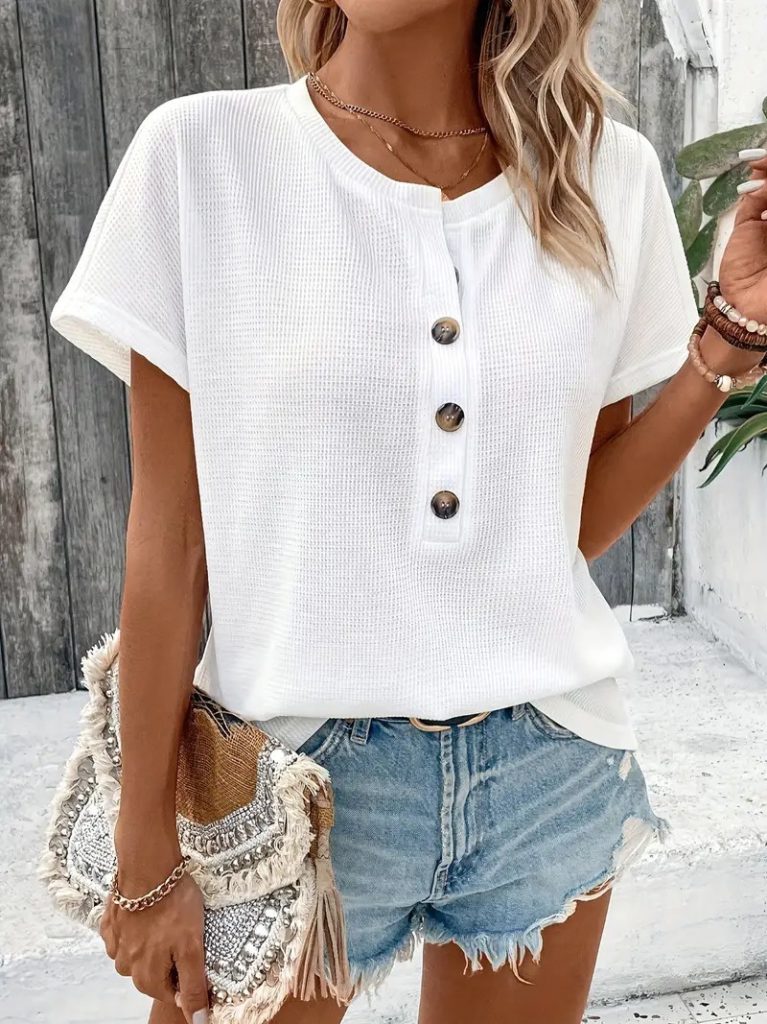 JANE'S Damen Kurzarm Waffelbluse mit offenem Kragen und Knopfleiste