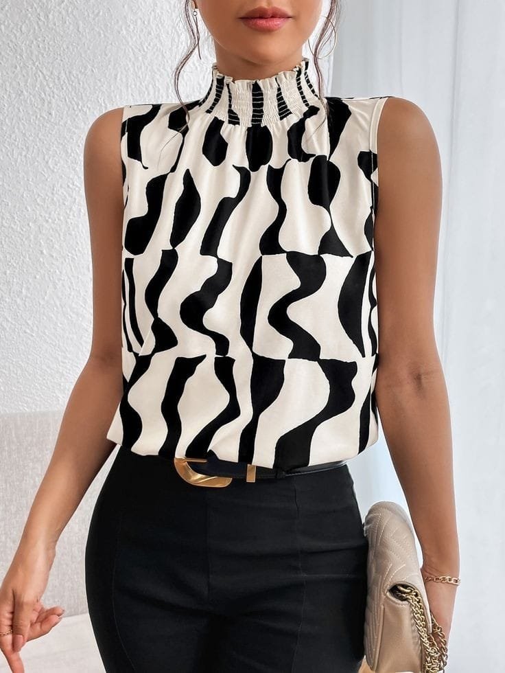 JANE'S Damen ärmelloses Rollkragenmuster Jersey Bluse