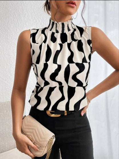 JANE'S Damen ärmelloses Rollkragenmuster Jersey Bluse