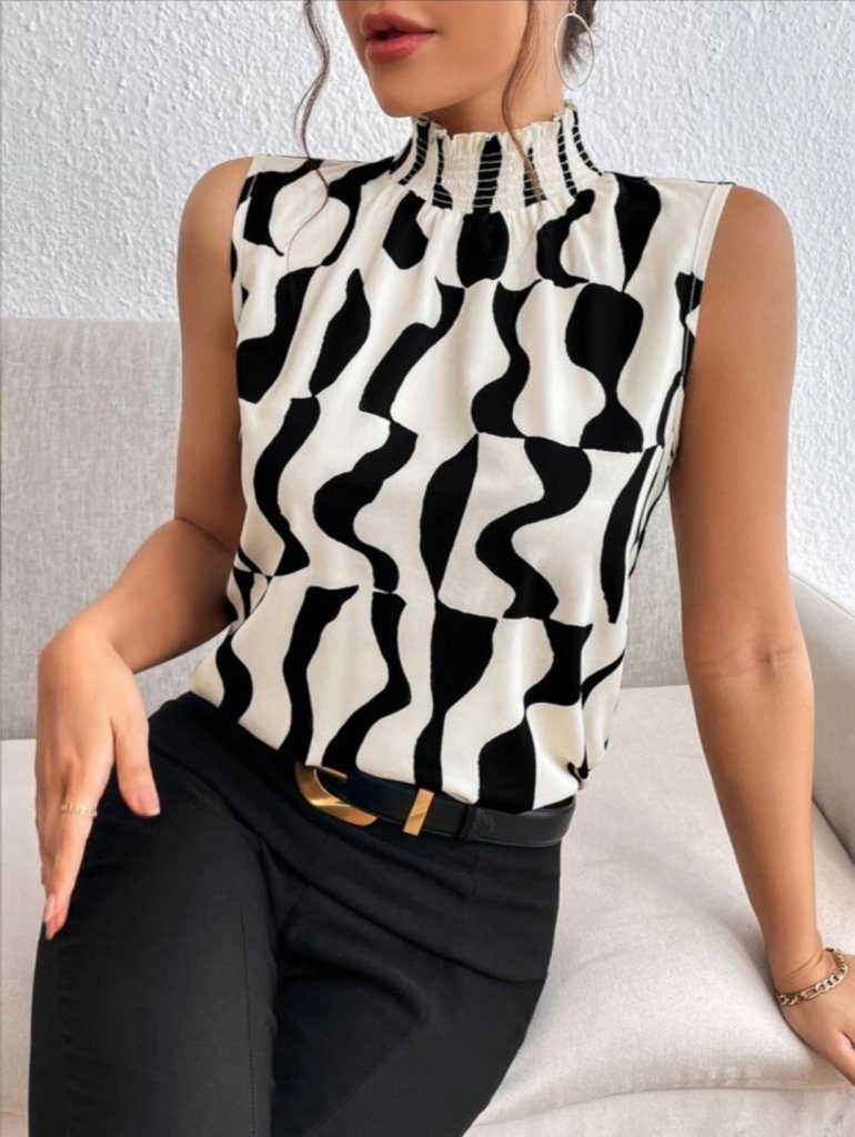 JANE'S Damen ärmelloses Rollkragenmuster Jersey Bluse