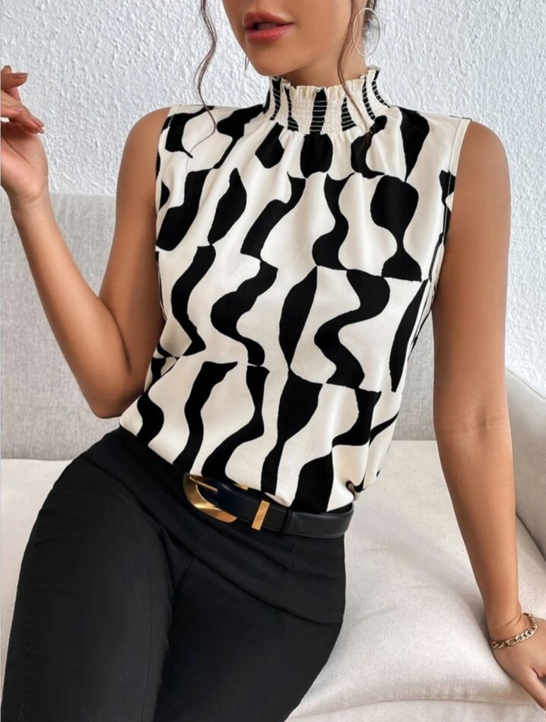 JANE'S Damen ärmelloses Rollkragenmuster Jersey Bluse