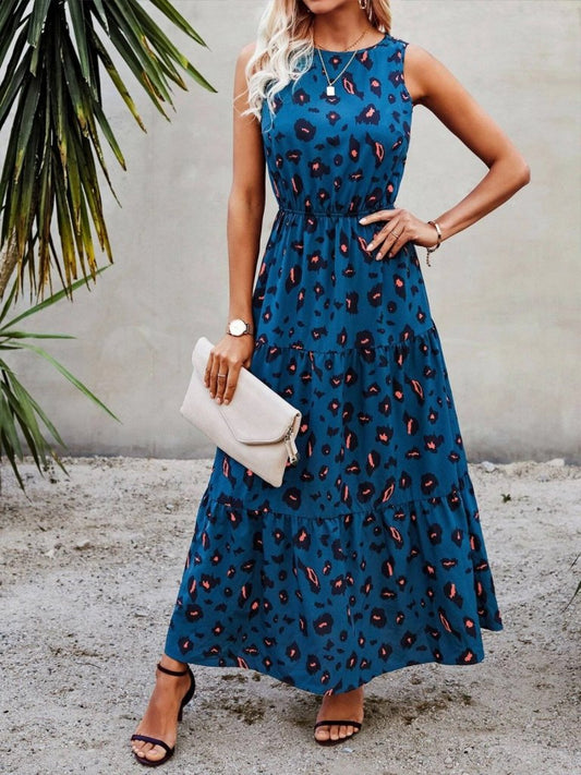 JANE'S Damen Ärmelloses Rundhals Muster Jersey Kleid