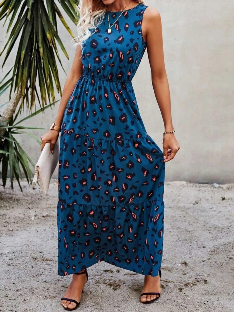 JANE'S Damen Ärmelloses Rundhals Muster Jersey Kleid