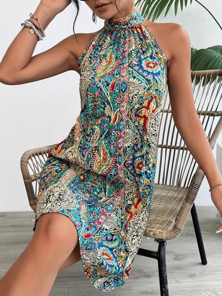 JANE'S Damen Ärmelloses Halter Muster Midi Jersey Kleid