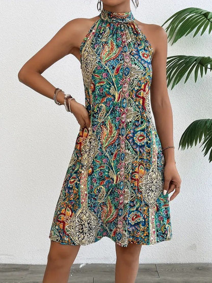JANE'S Damen Ärmelloses Halter Muster Midi Jersey Kleid