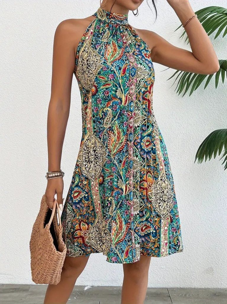 JANE'S Damen Ärmelloses Halter Muster Midi Jersey Kleid