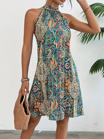 JANE'S Damen Ärmelloses Halter Muster Midi Jersey Kleid