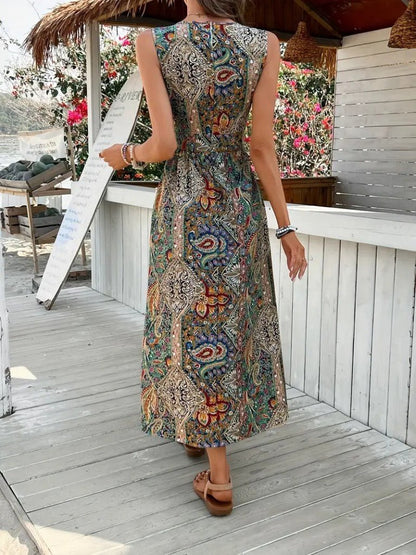 JANE'S Damen Ärmelloses V-Ausschnitt Muster Single Jersey Jumpsuit Kleid