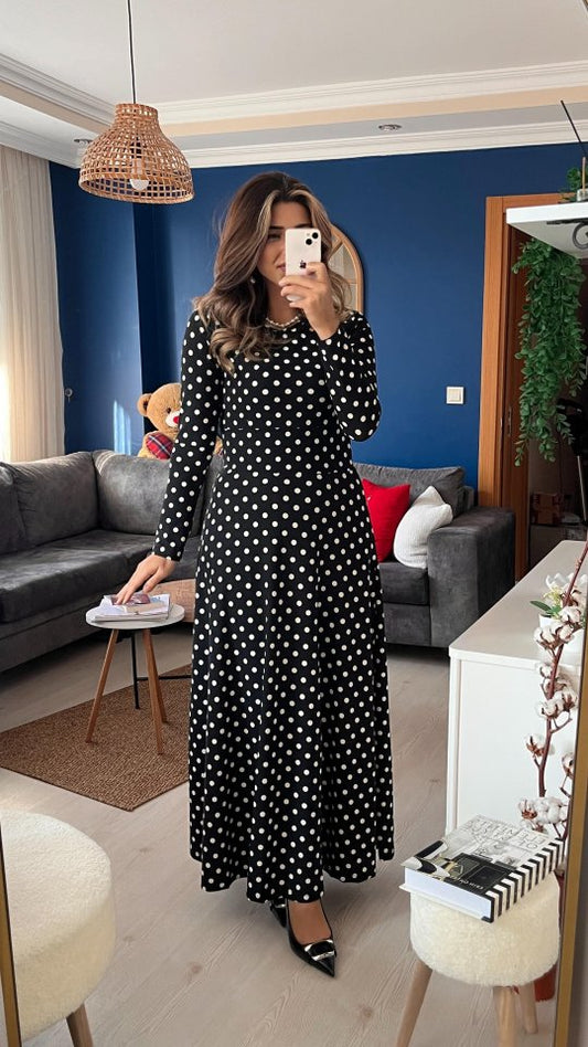 JANE'S Damen Kreppstoff Langarm Maxi Polka Dot Kleid 132 cm