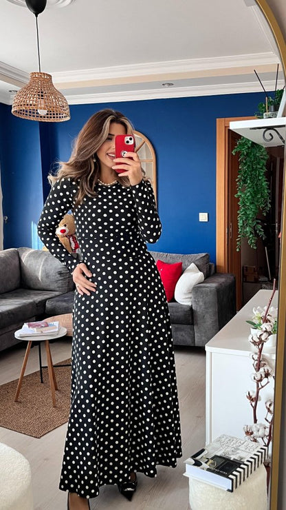 JANE'S Damen Kreppstoff Langarm Maxi Polka Dot Kleid 132 cm