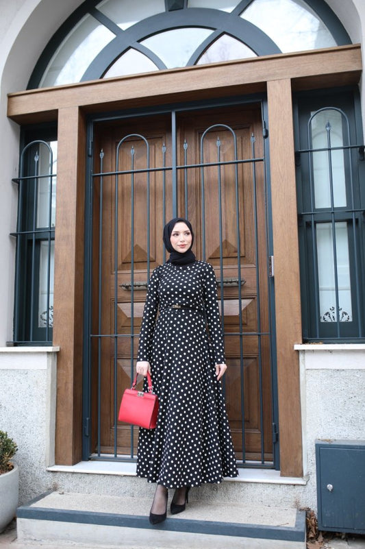 JANE'S Damen Kreppstoff Langarm Maxi Polka Dot Kleid 132 cm