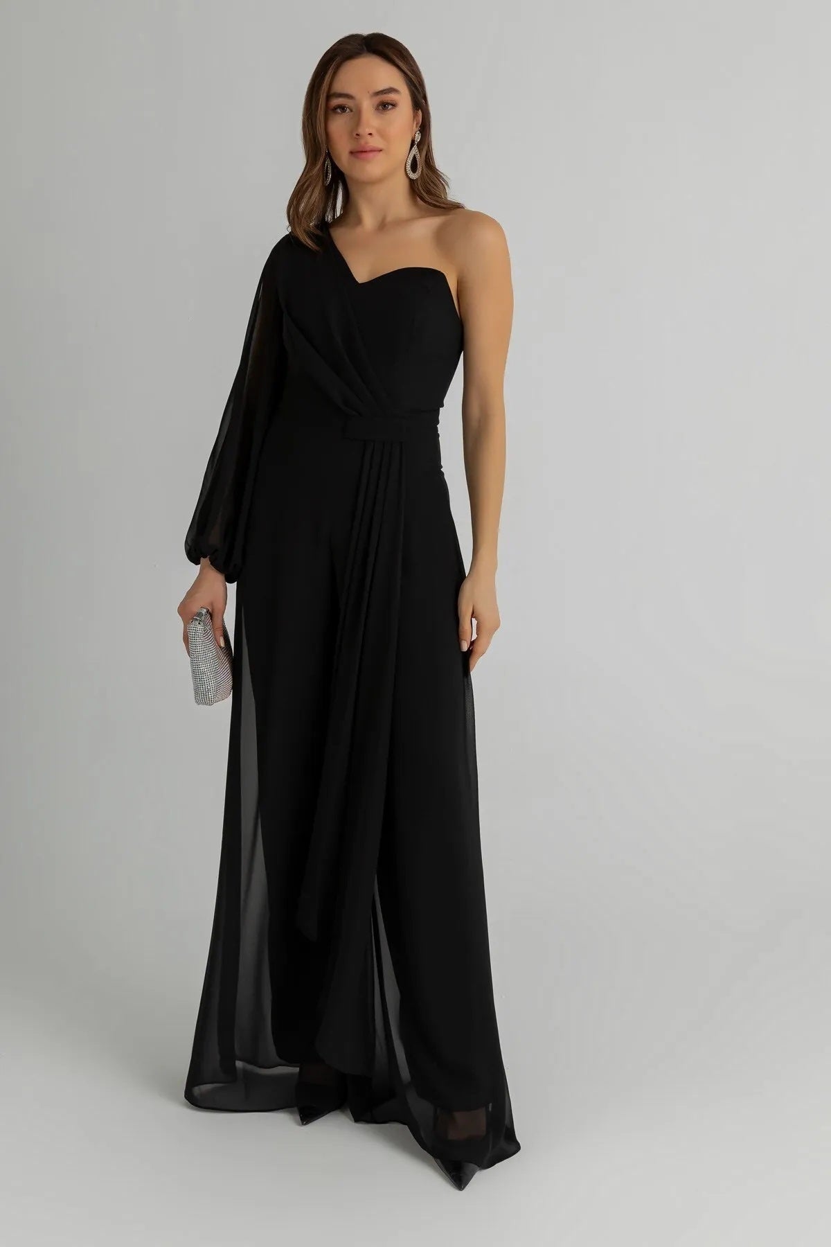 Gürtel-Jumpsuit mit weitem Bein, gefüttert und einem Ärmel