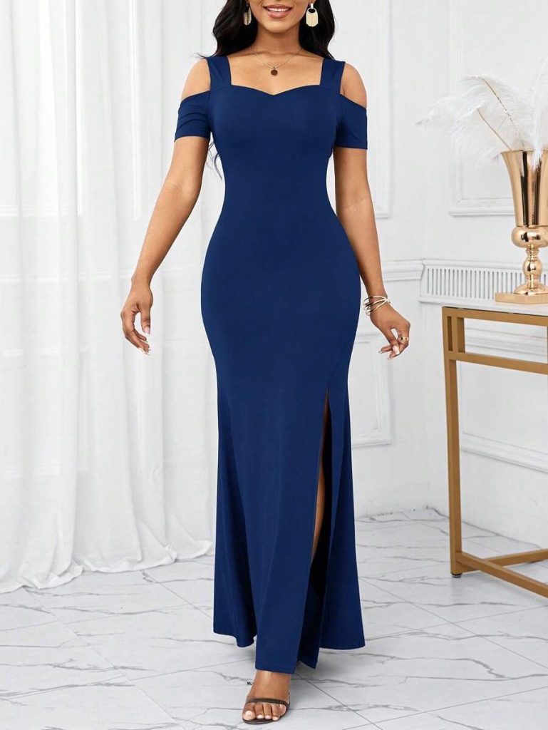 Damen Off-Shoulder Kleid aus importiertem Krepp mit Schlitz