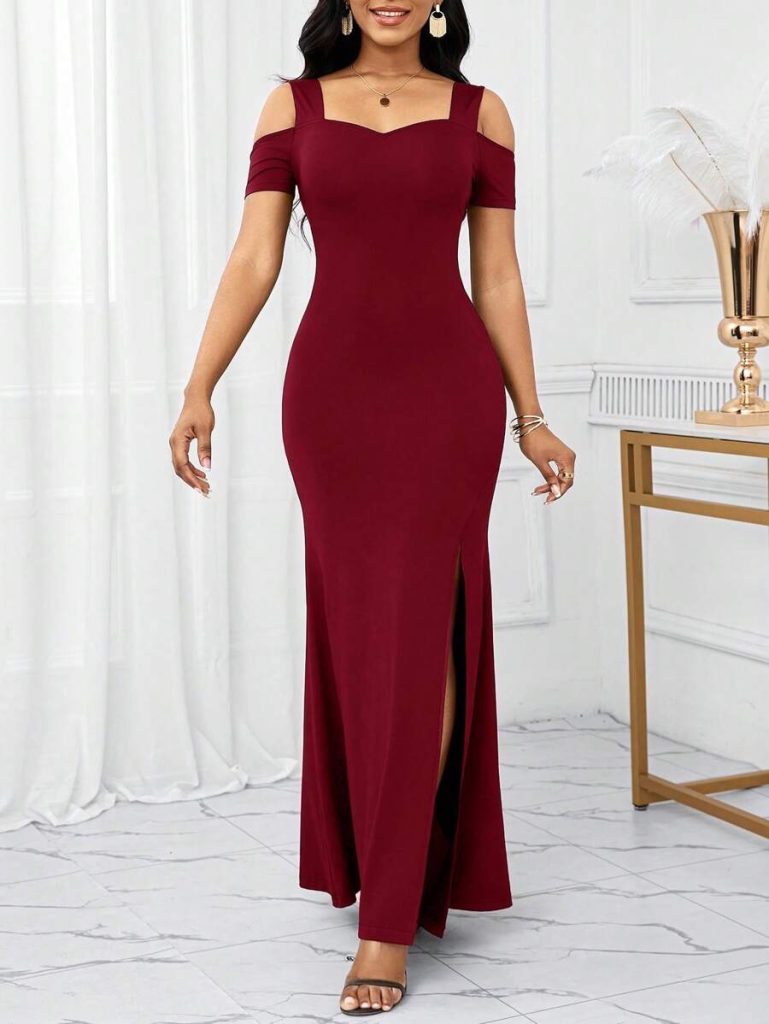 Damen Off-Shoulder Kleid aus importiertem Krepp mit Schlitz